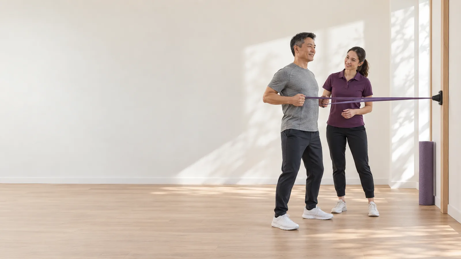Kinesiologist coaching a resistance band exercise