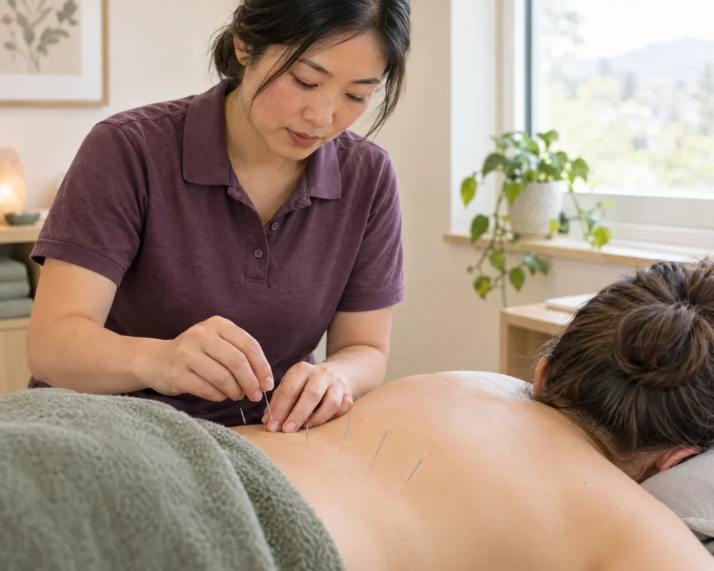 Acupuncture needles placed on a client's lower back