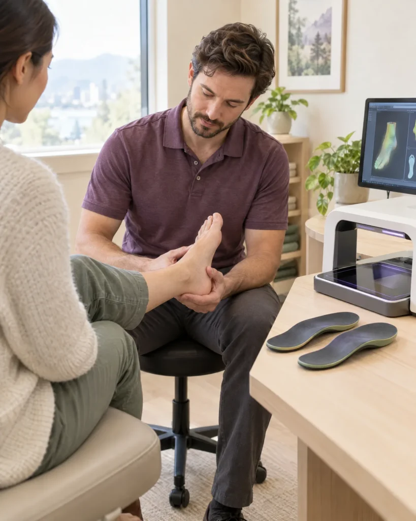Chiropractor assessing a client's foot for custom orthotics
