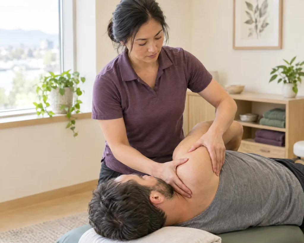Physiotherapist treating a client's shoulder with hands-on therapy