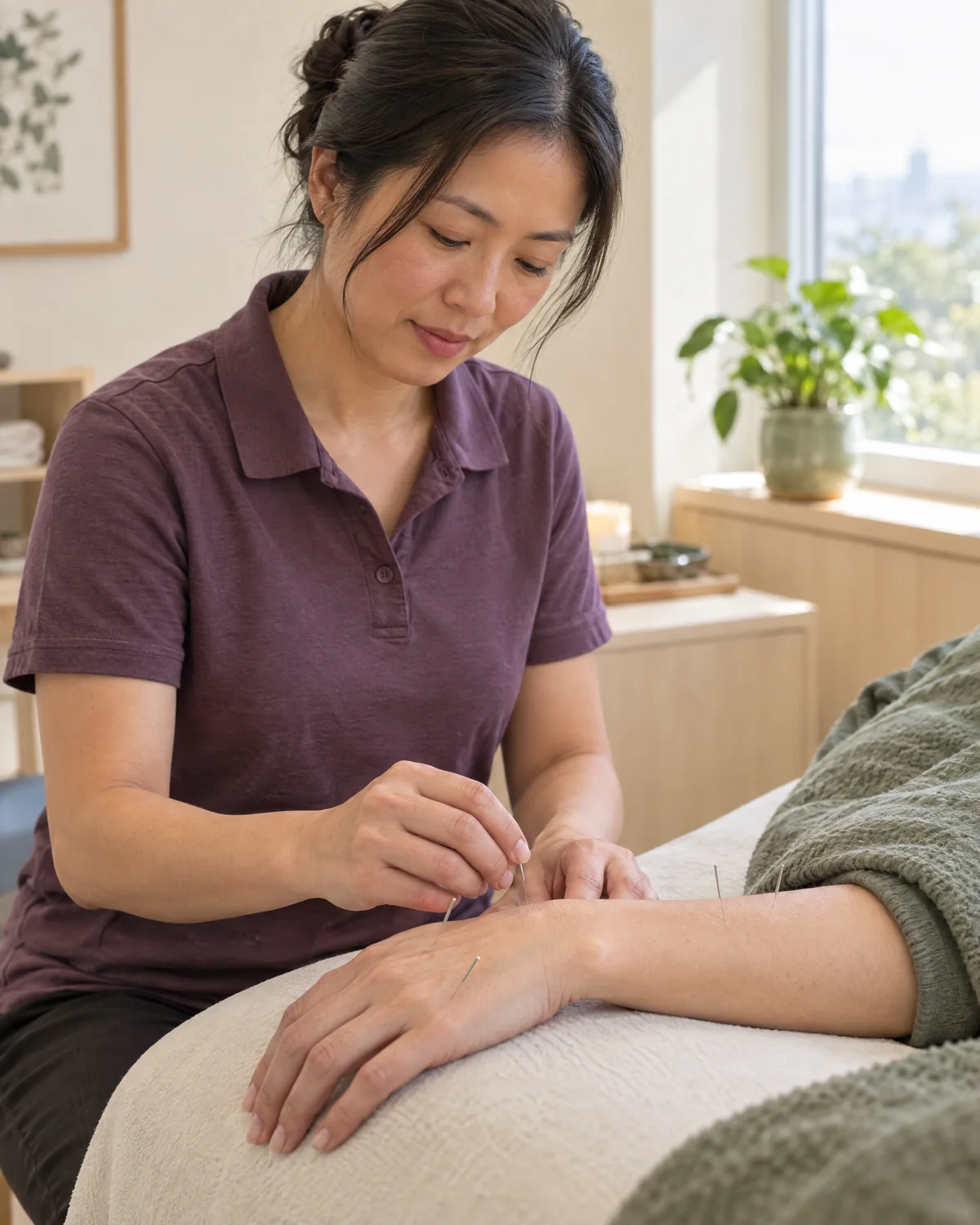 Acupuncture needles on a forearm