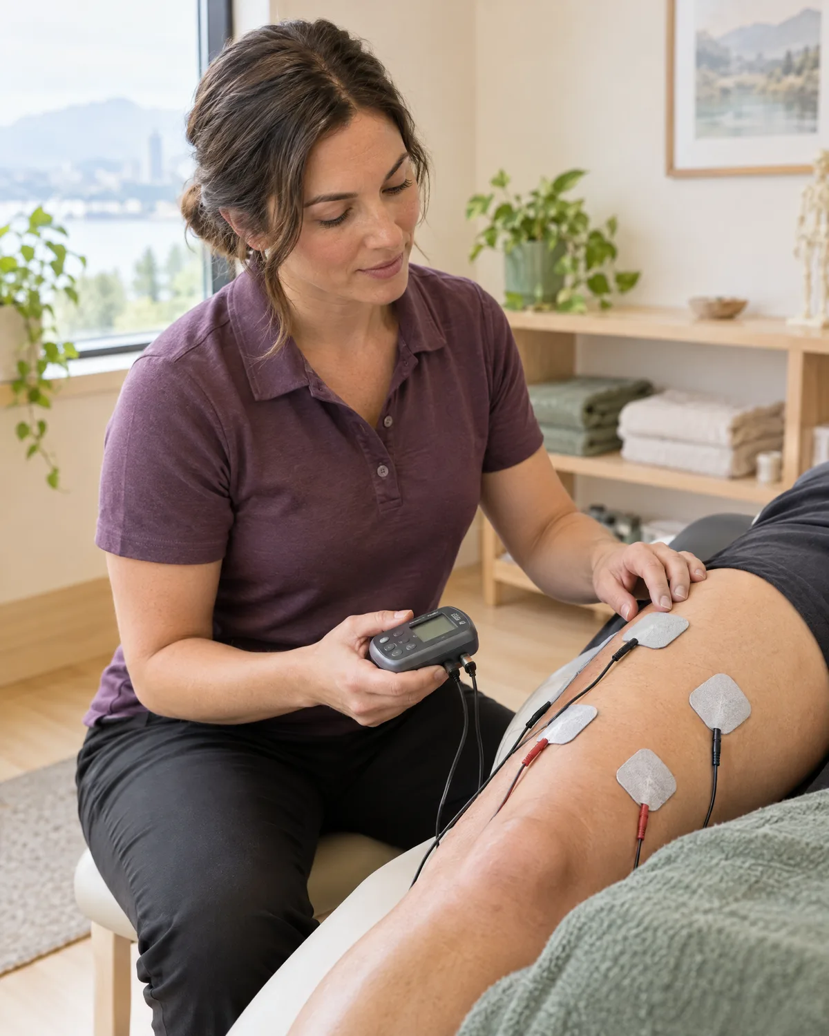Electrical muscle stimulation pads on a thigh