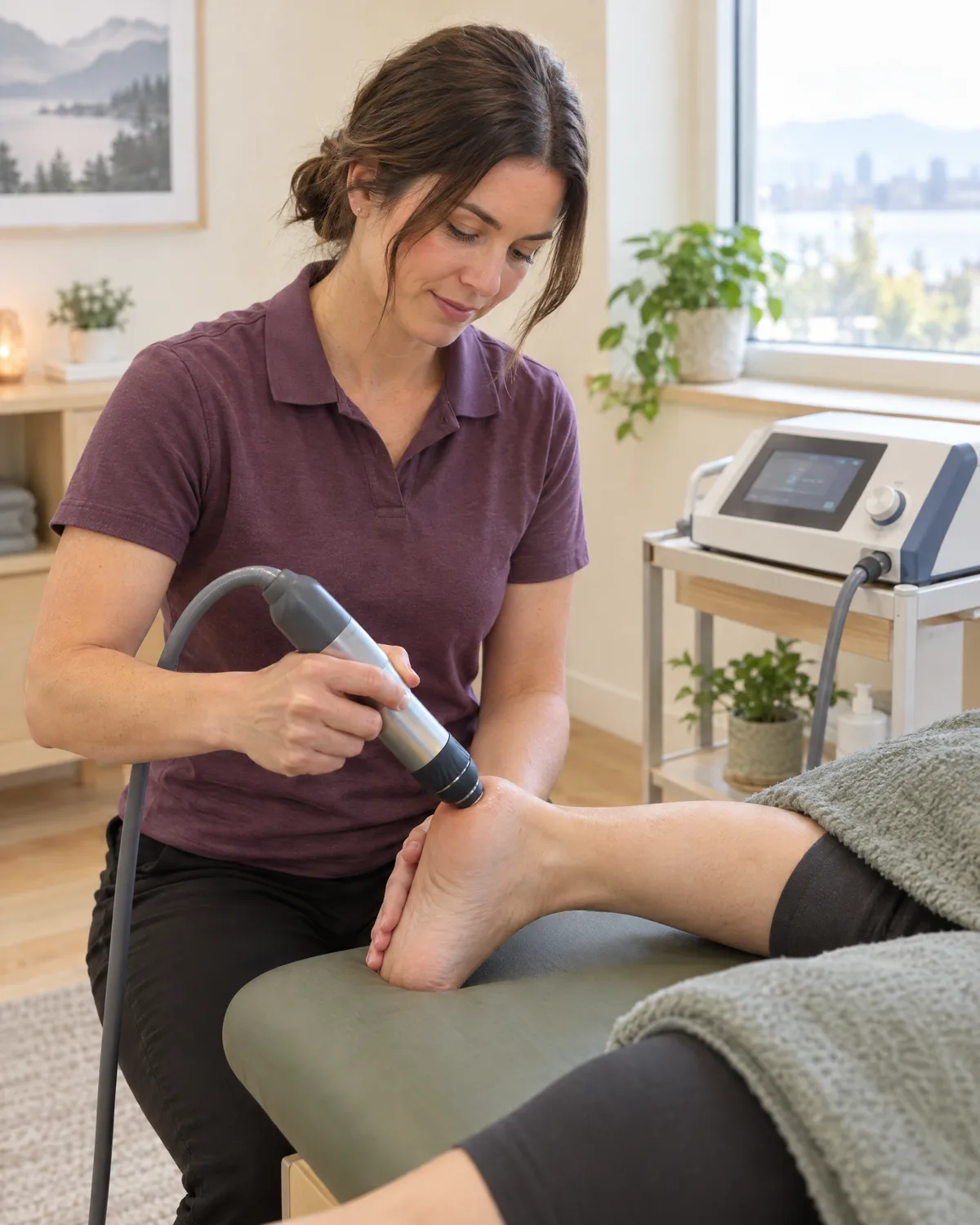 Shockwave therapy applied to a client's heel